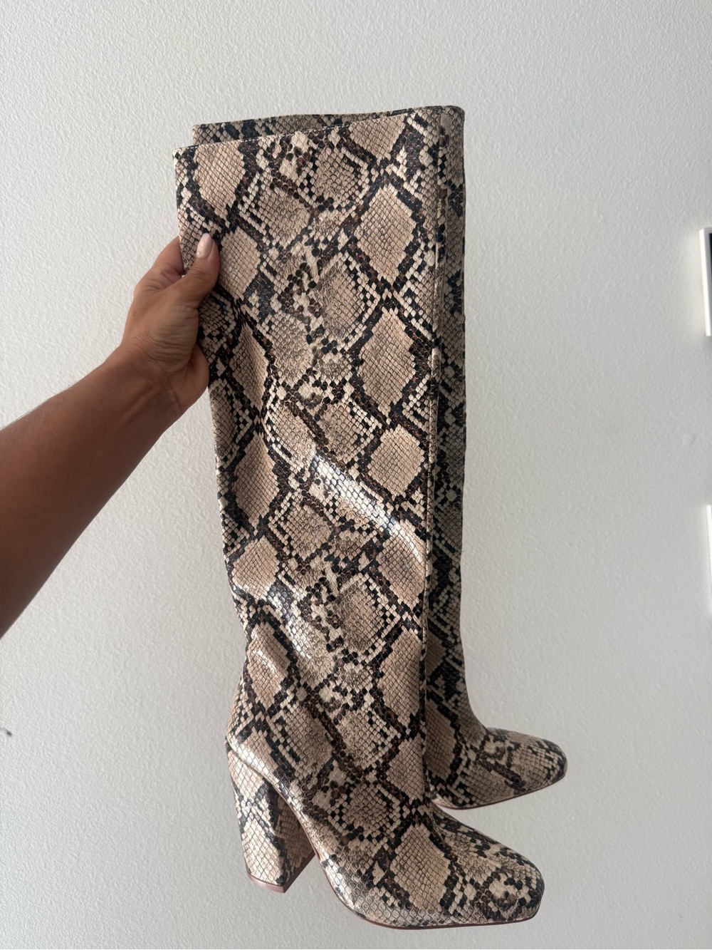 Zara Beige and Black Snake-Print Knee-High Boots